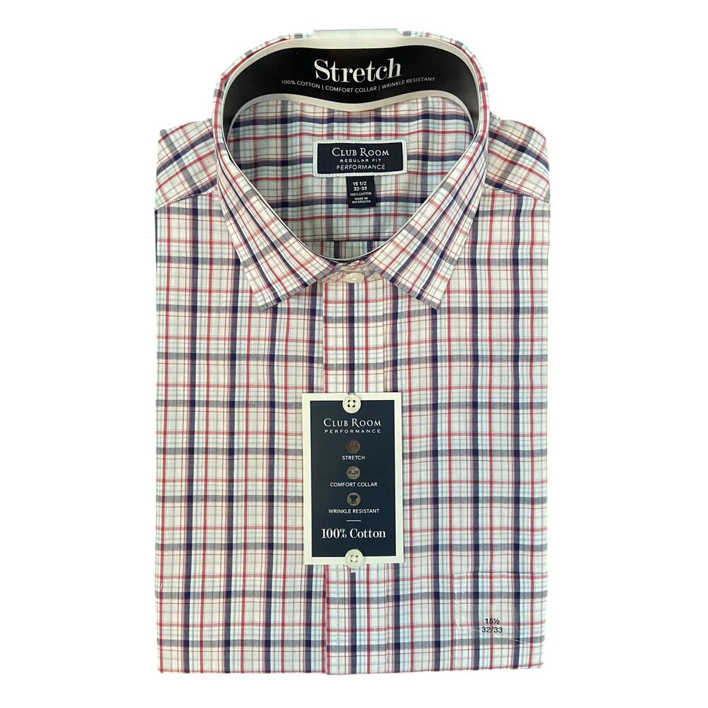 Club Room Dress Shirt Men's 15.5 32/33 Performance Regular Fit Stretch Plaid NWT